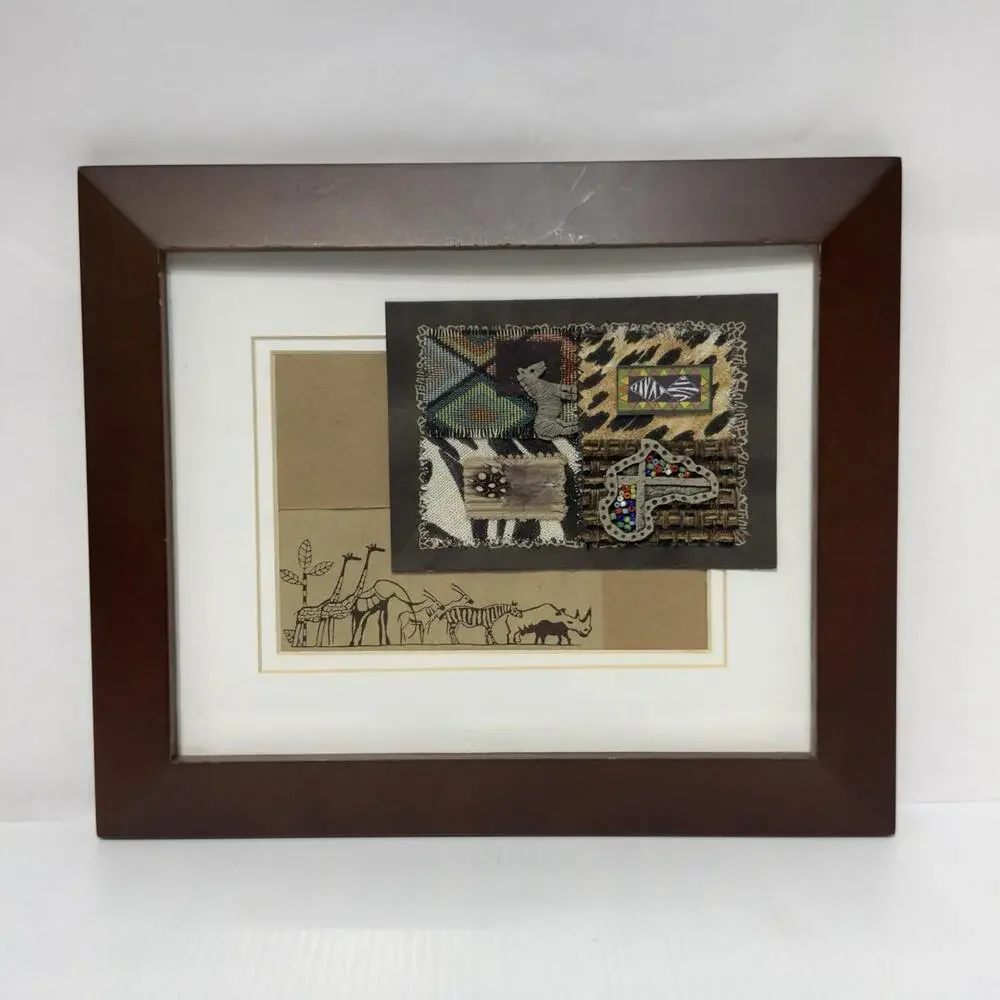 Framed Mixed Media African Safari Wildlife Tribal Wall Art Textile Decor 10x12